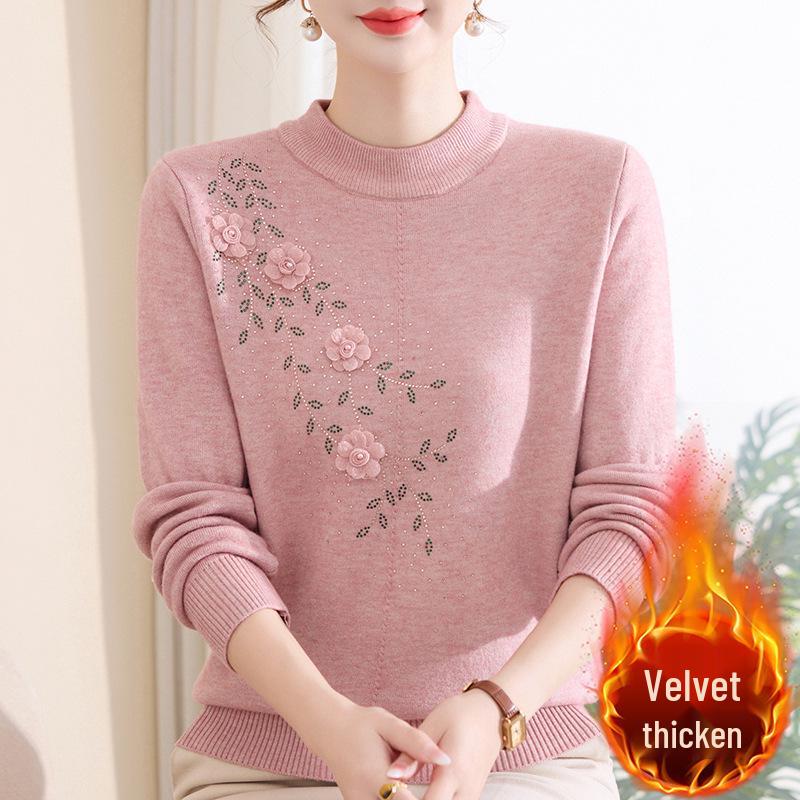 Women's Mid-Aged & Elderly Knitted Half-high Collar Fleece Sweater - Stylish, Thermal, Thickened Winter Wear.