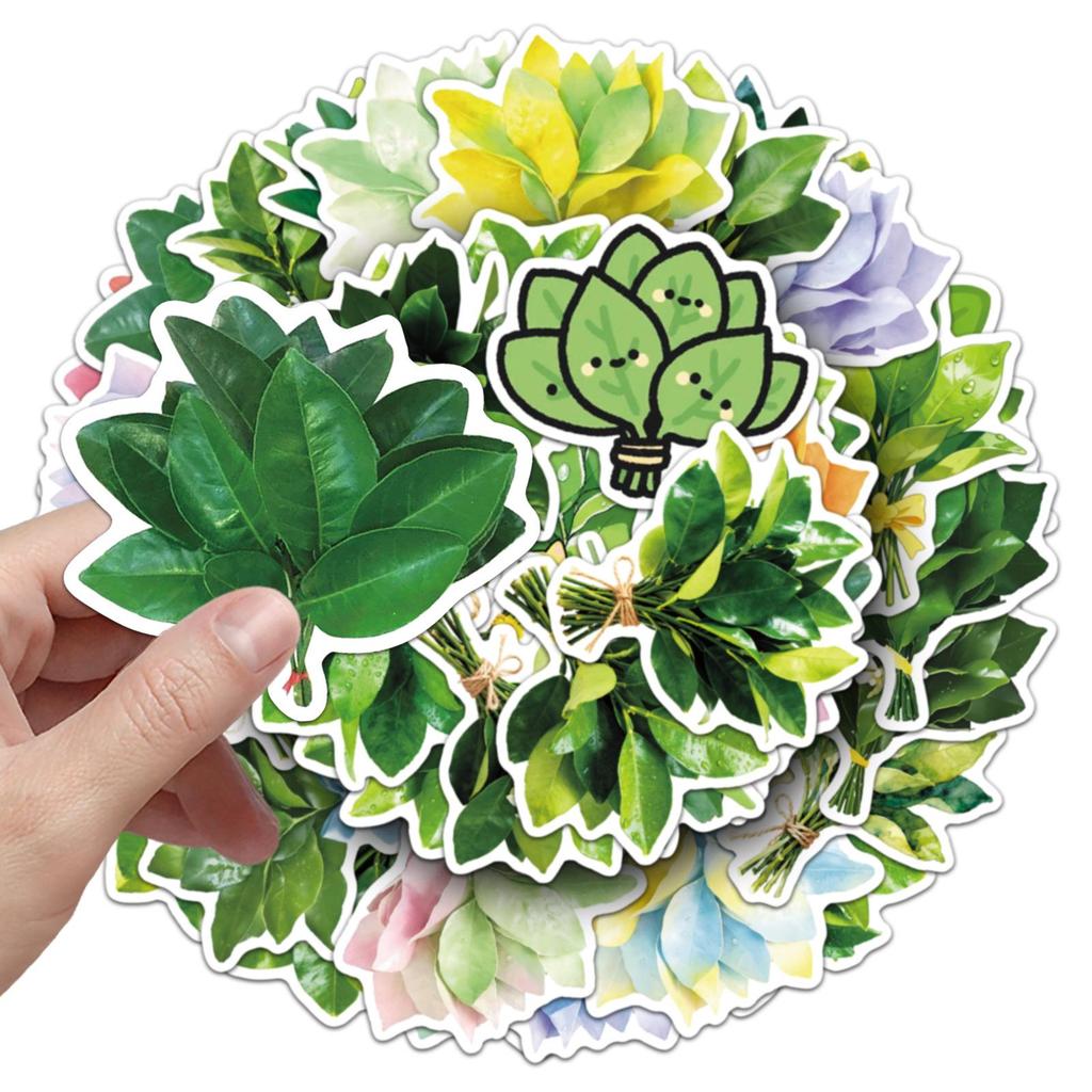 50 Pomelo Leaf Stickers: Waterproof Green Plant Designs for Car, Fridge, Thermos, and Journal Decoration