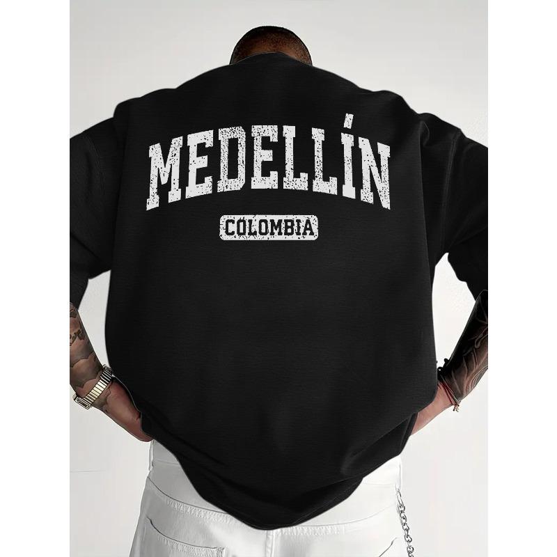 Herren T-Shirt mit Medellin Kolumbien Letter Print - Herren Rundhals T-Shirt, Lockerer Drop Shoulder Fit