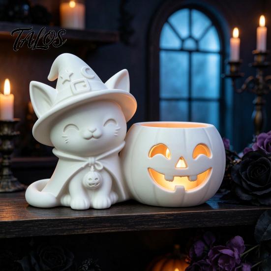 Ghost Face Tealight Cup Halloween Black Cat Pumpkin Candlestick, 3D Printed Witch Candle Holder with Cup, Spooky Tabletop Decor for Party Creative