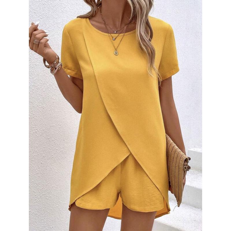 Летний женский костюм-двойка 2025: Асимметричный топ и шорты Повседневная одежда L