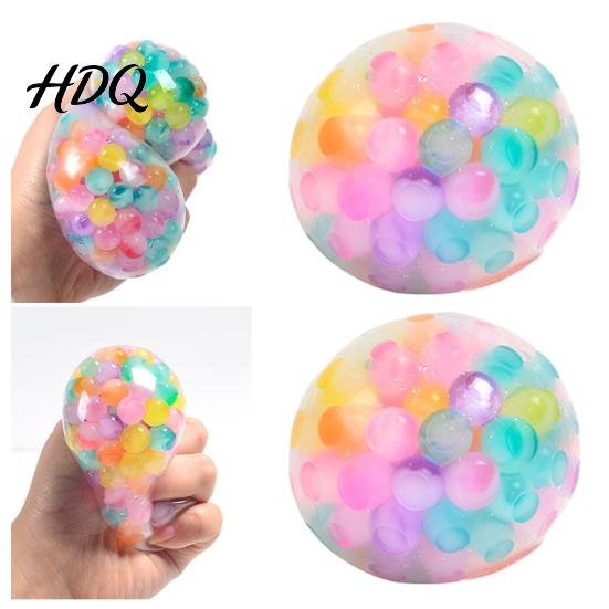 Soft Stress Ball Rainbow Bead with Glitter TPR Squeeze Toy for Sensory Fidget Anxiety Relief Colorful Kids Adults Fun Decompression Gadget