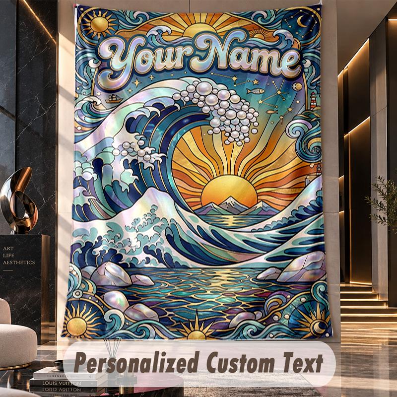 Ocean Waves Sun Theme Wall Tapestry Customized With Name Text Personalized Hanging Tapestry For Bedroom Living Room Decor