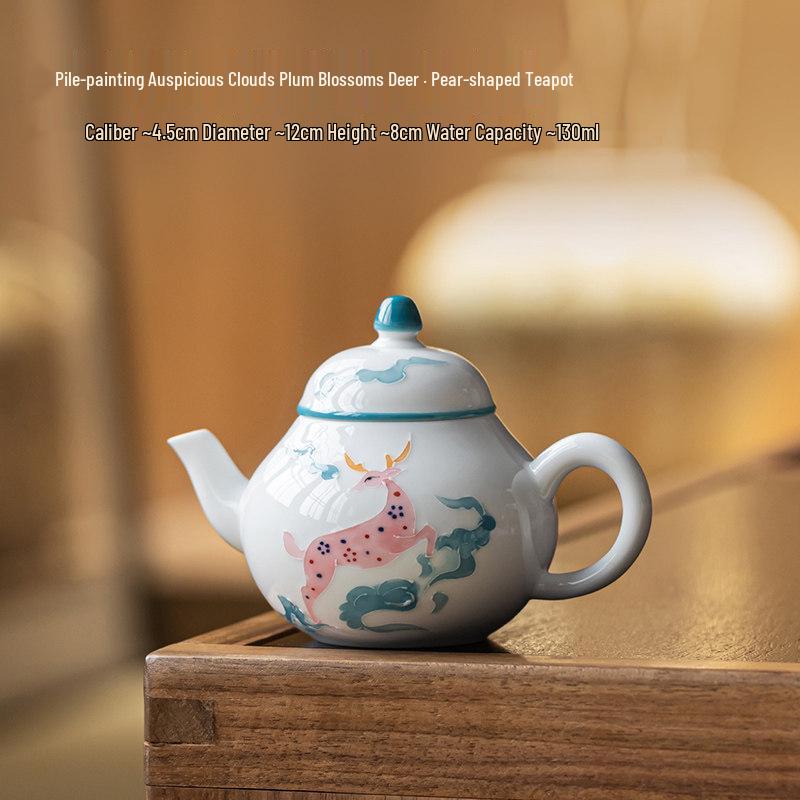 Plum Blossom & Deer Ceramic Teapot - New Chinese Style Gongfu Tea Set 101-200mL