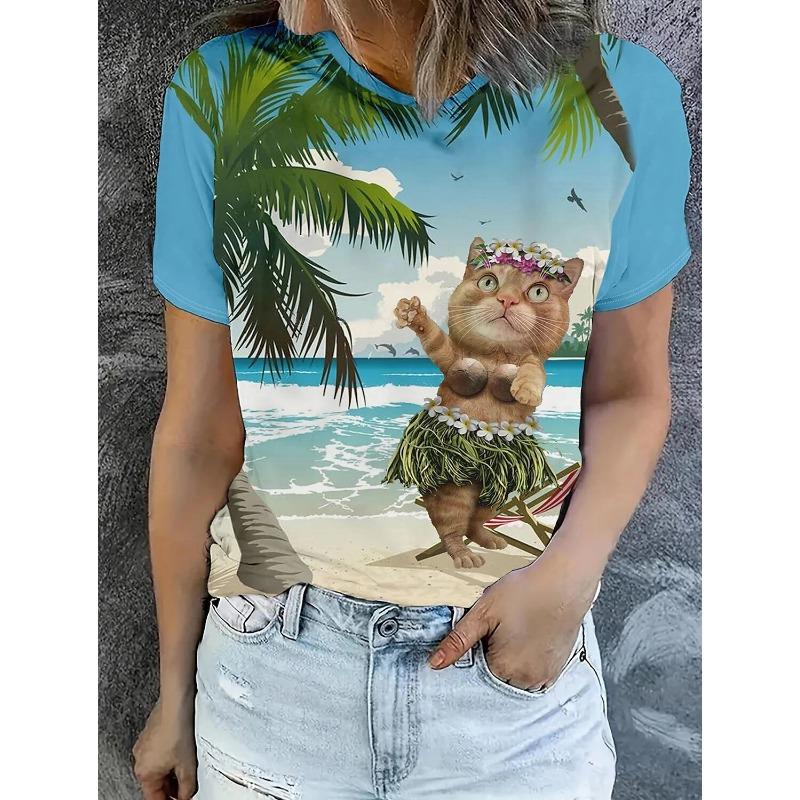Women's Retro Cat Pattern T-shirt Cute Fashion Short-Sleeved Round Neck Top Regular Fit Daily Weekend Print Blue Summer Spring