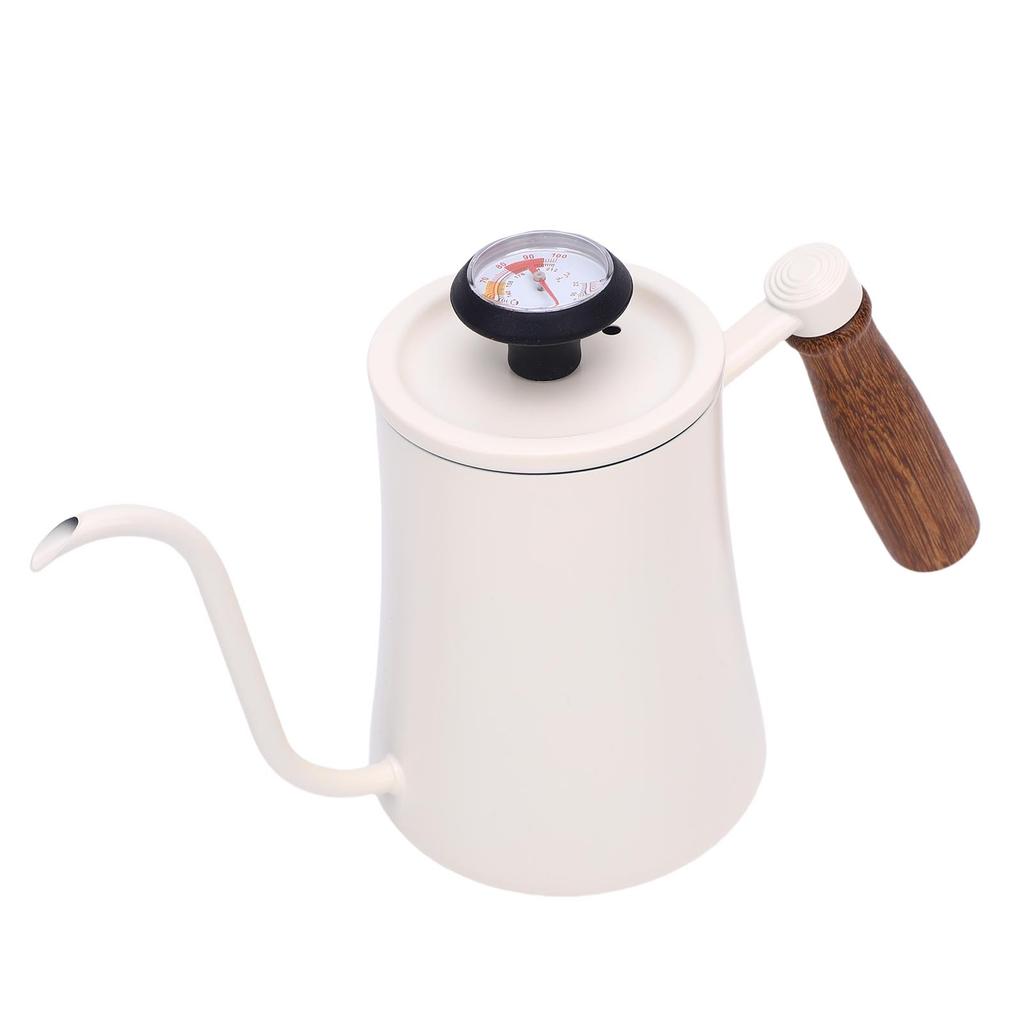 600ML Coffee Brewing Pot 304 Stainless Steel Water Pot with Temperature Meter Wood Handle   Spout