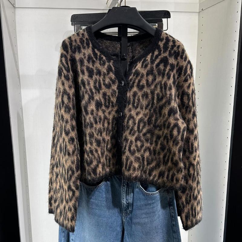 Leopard Print Knit Cardigan Women's Loose O-Neck Long Sleeve Casual Color Block Sweater Fashion Button Cardigan Top Y2k