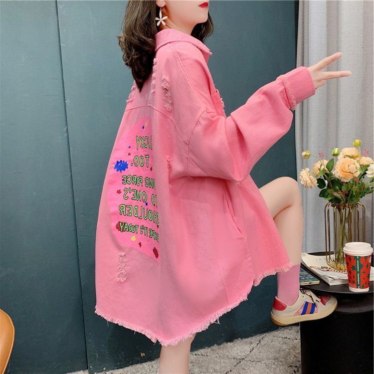 

Ретро-стираемые джинсовые куртки для мужчин и женщин, свободные повседневные универсальные пальто в стиле хип-хоп S розовый