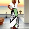 Rochie Maxi de Vară pentru Femei Mărimi Mari, cu Decolteu în V și Mânecă Scurtă, Imprimeu Chevron și Leopard Cusut, Croială Largă