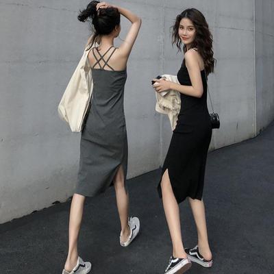 Summer 2024 Women's Mid-Length Suspender Dress with Slits - Slimming & Chic Outerwear