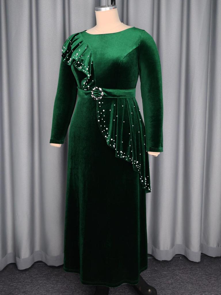 Elegant Plus Size Velvet Beaded Evening Gown with Waist-Cinching Ruffles