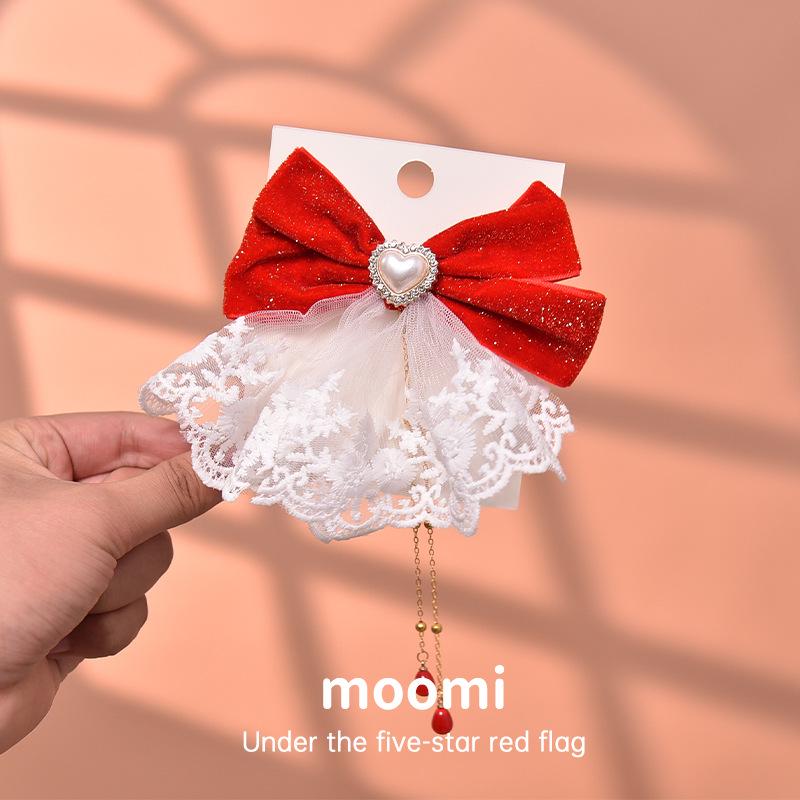 New Year Red Velvet Bow Hair Clips for Girls - Heart Design