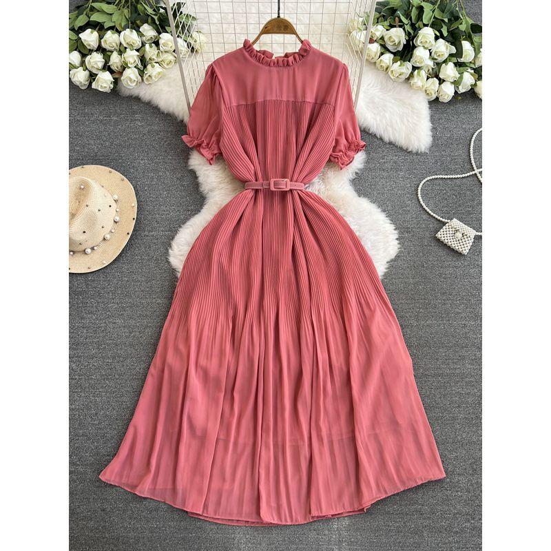 

Spring and Autumn New Arrival French Style Retro round Neck Short Sleeves Chiffon Dress Women s Tight Waist Slim Looking Elegant Pleated Midi Dress Pink All yards