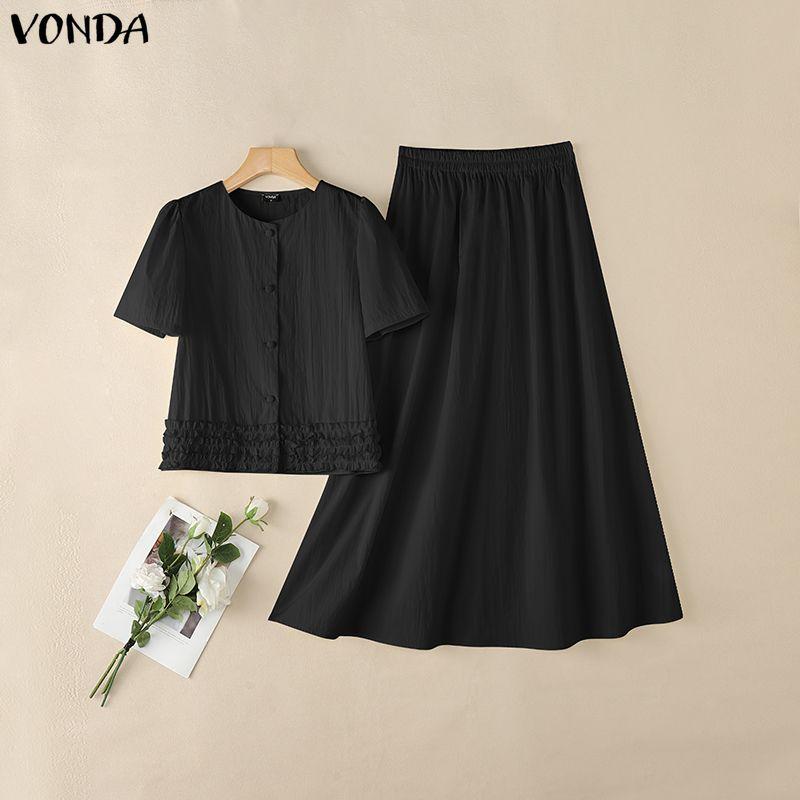 VONDA Women Outfits Short Sleeve Ruffled Blouse and Skirts Casual Two Piece Suit Elegant Sets