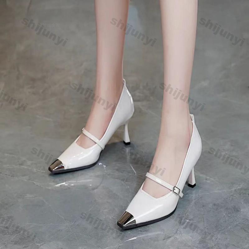 Fashion Women High Heel Pointed Toe Sexy Shoes Fashion Design New Luxury Thin Heel Shallow Patent Leather Sandals Buckle Single Shoes