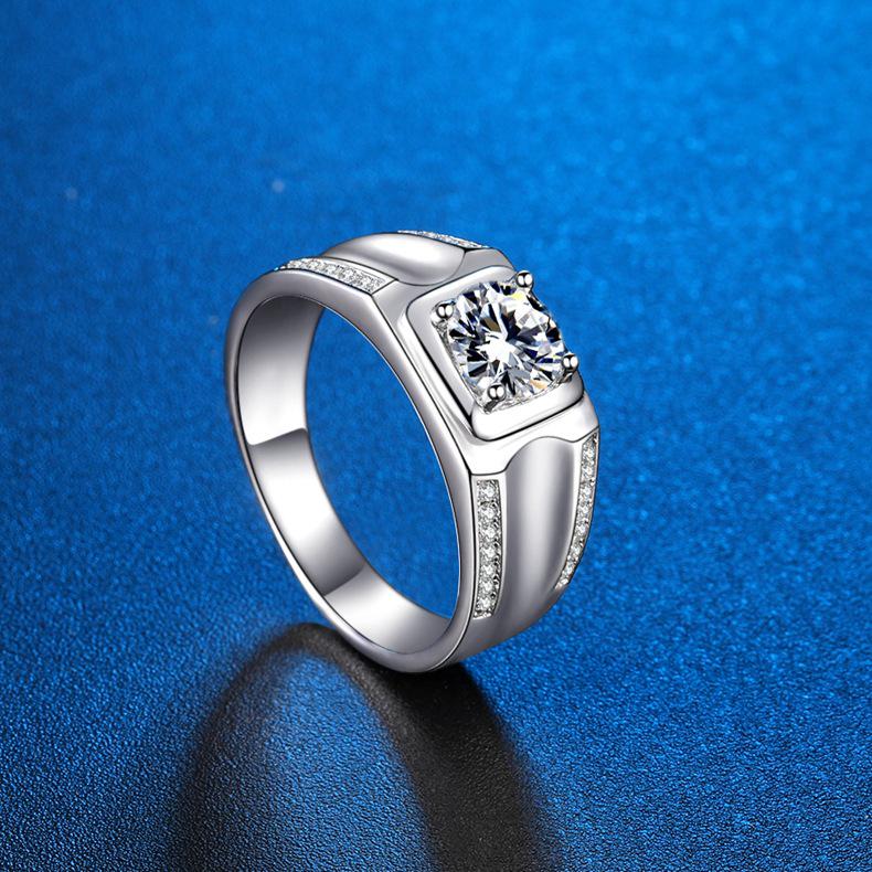 Men's Double Row Moissanite Ring: Sterling Silver, White Gold-Plated, 1 Carat Simulated Diamond with Certificate
