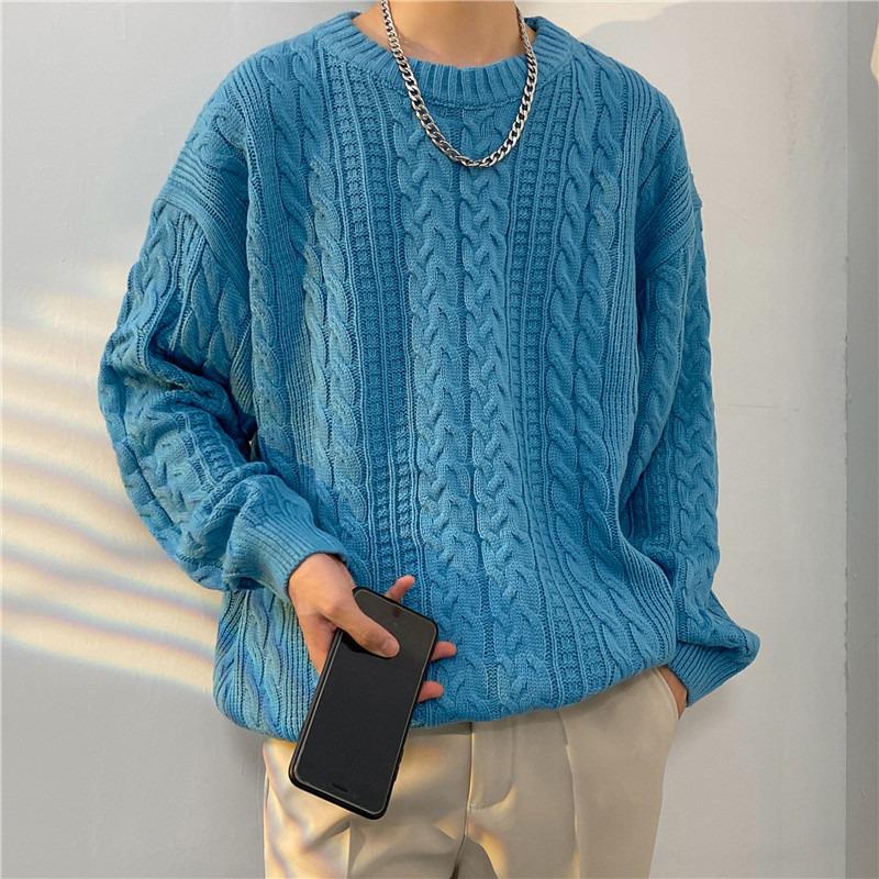

Trendy Brand Men s Cable Knit Sweater, Round Neck, Loose Fit, Retro Hong Kong Style, Casual Autumn/Winter Knitwear 3XL синій