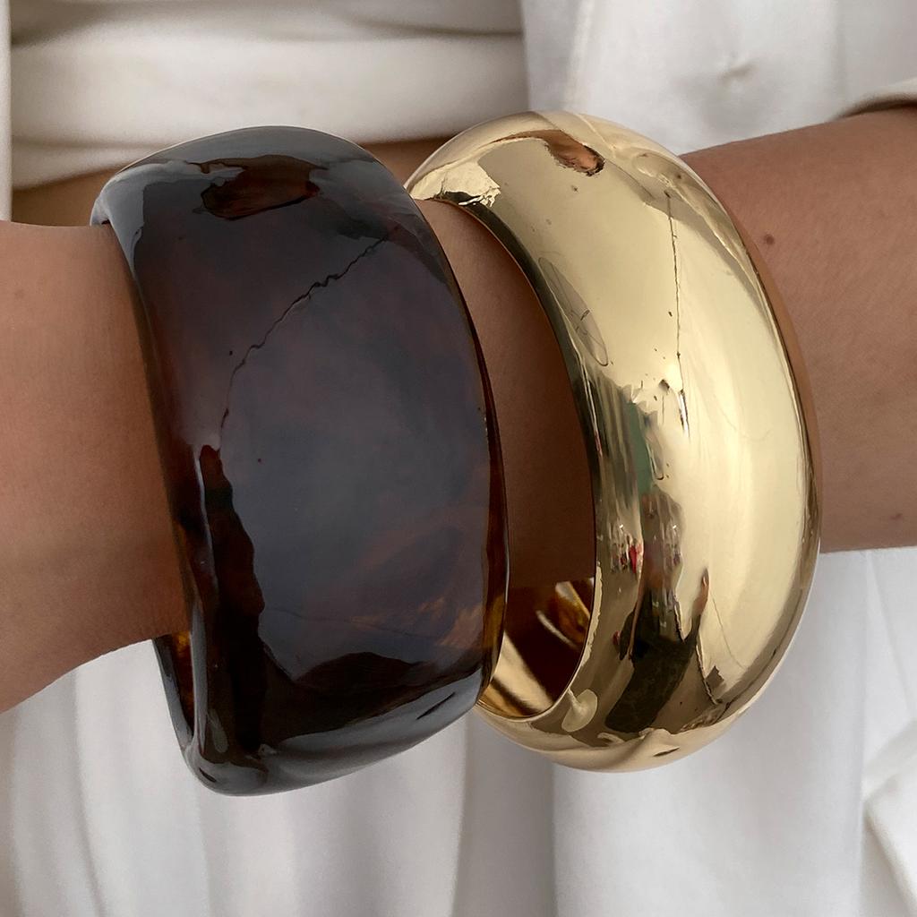 Salircon Vintage Punk Coffee Thick Irregular Resin Acrylic Bangles Women Geometric Metal Wide Bangle Bracelet Charm Jewelry Gift