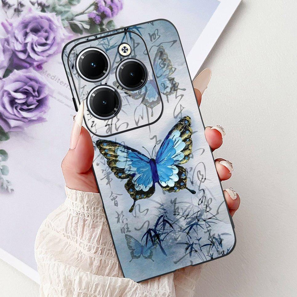 Cover For Tecno Spark 20 Pro Plus Back Bumper Spark 20Pro 20C Colorful Butterfly Flower Painting Phone Case Black Soft Silicone