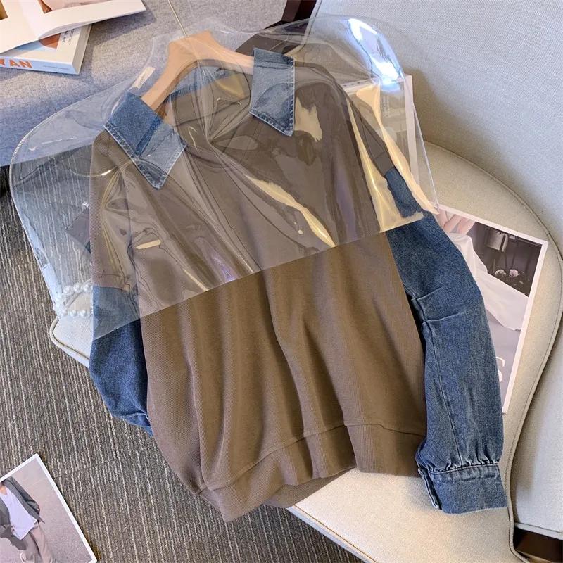 

Жіночий весняно-осінній джинсовий світшот печворк з V-подібним вирізом і довгими рукавами, вільний пуловер M хакі