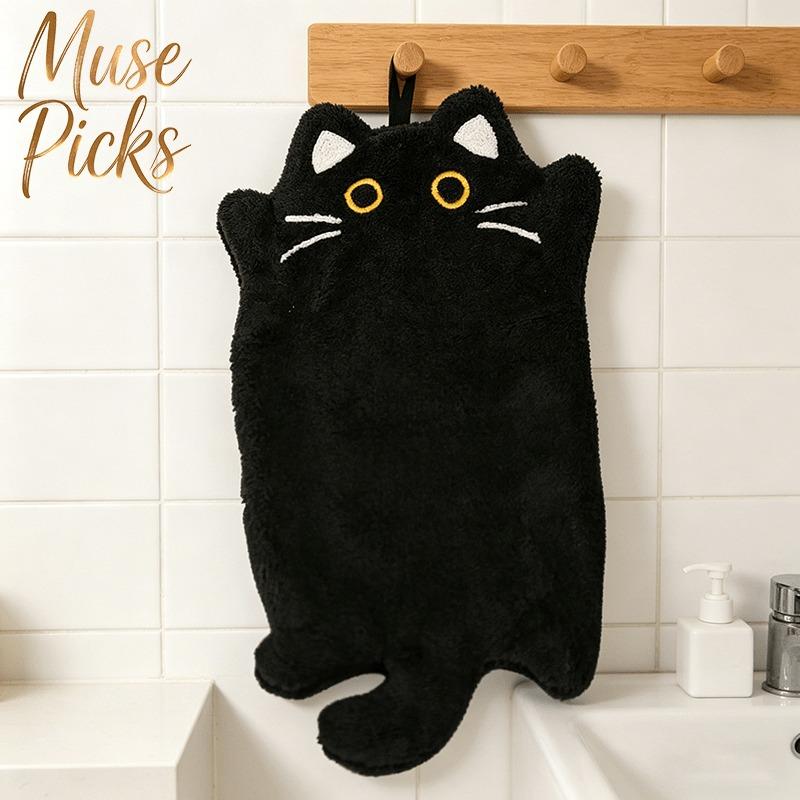 1Pc Modern Black Cat Hand Towel, Heat-Resistant Bathroom Towel, Thick And Absorbent Coral Fleece With Hanging Loop, Soft And Non-Slip Black Cat