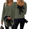 2025 Women's V-neck Solid Color Sweater: European & American Style, Autumn Long Sleeve, Casual Loose Fit with Bowknot