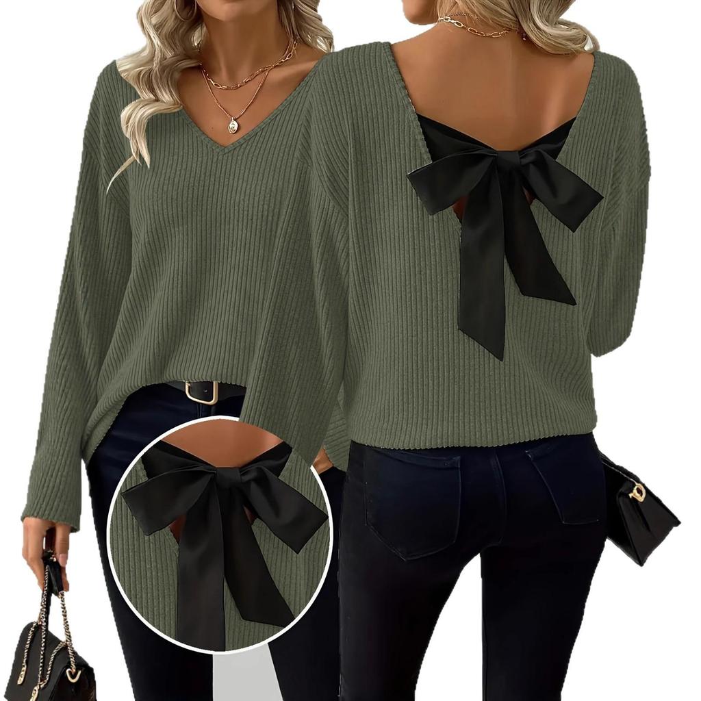 2025 Women's V-neck Solid Color Sweater: European & American Style, Autumn Long Sleeve, Casual Loose Fit with Bowknot