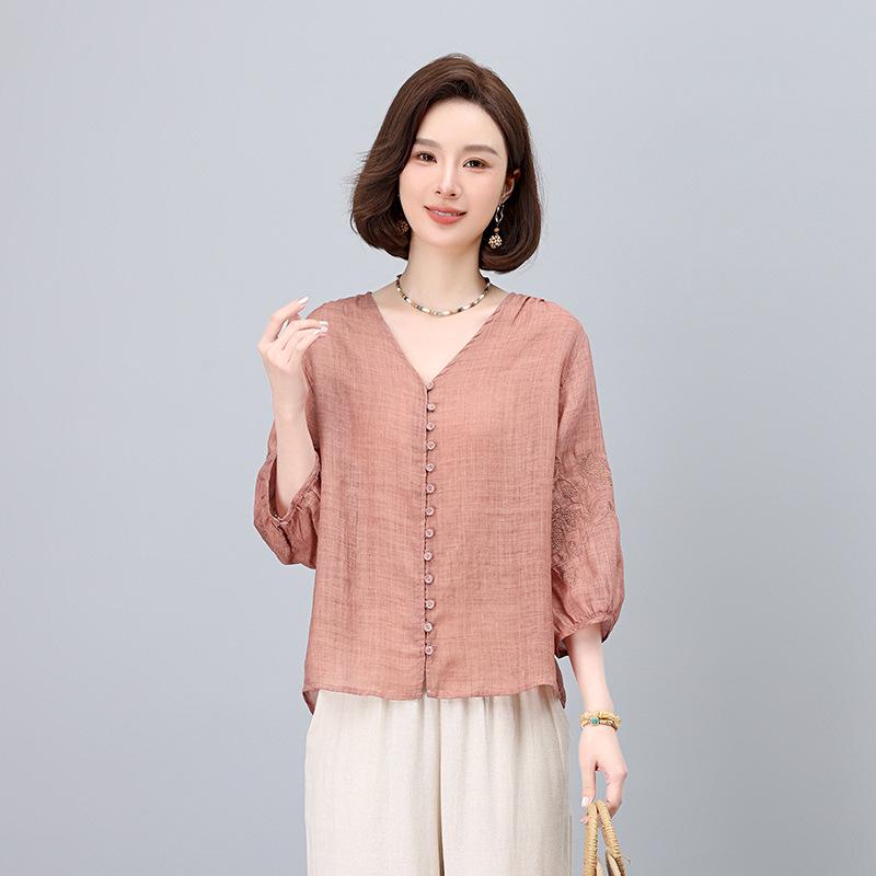 Women's Summer 2025 V-Neck Embroidered Ramie Blouse - Elegant Seven-Sleeve Design for Middle-Aged Ladies