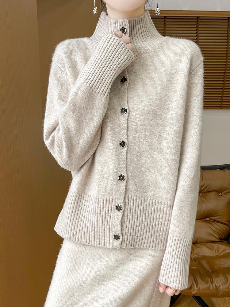 High-End Women's Stand-Up Collar Wool Cardigan Coat - Autumn/Winter Casual Knit Sweater.