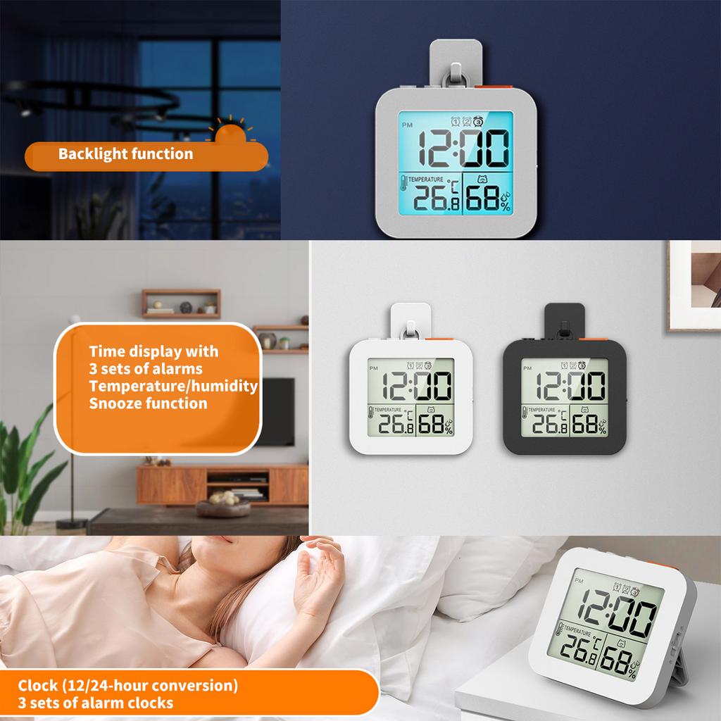 Digital Alarm Clock with 3 Alarms LCD Screen Backlight Snoozes Indoor Temperature Humidity Monitor Battery Powered