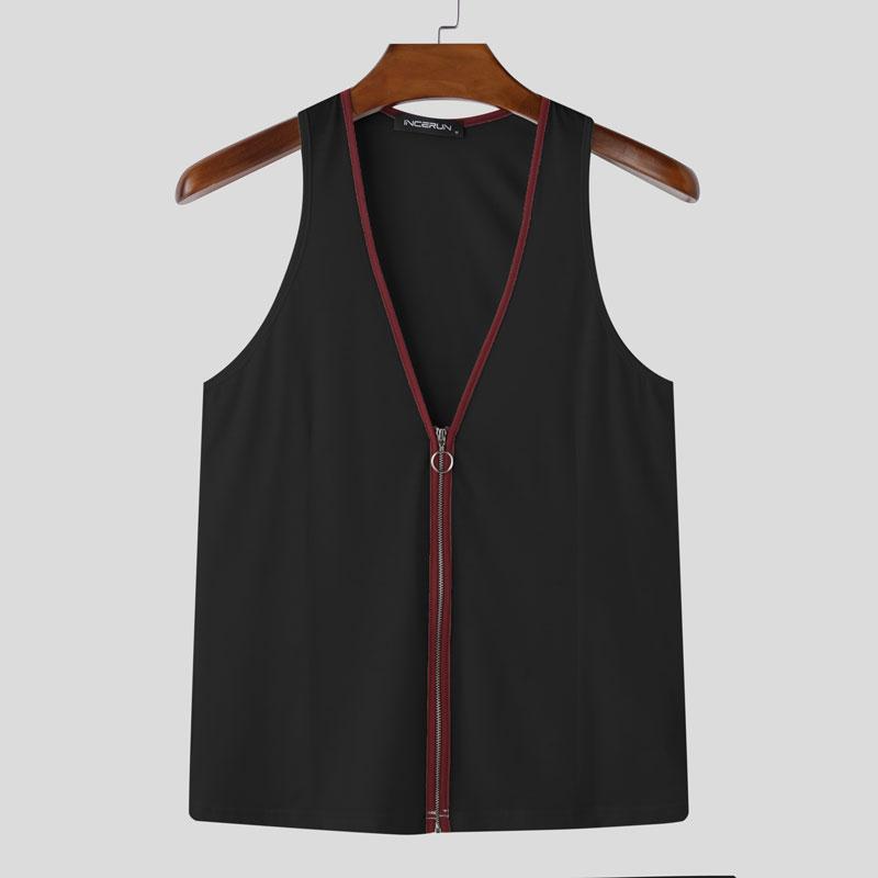 

INCERUN Men Summer V Neck Sleeveless Zip-up Stitching Skinny Tank Tops