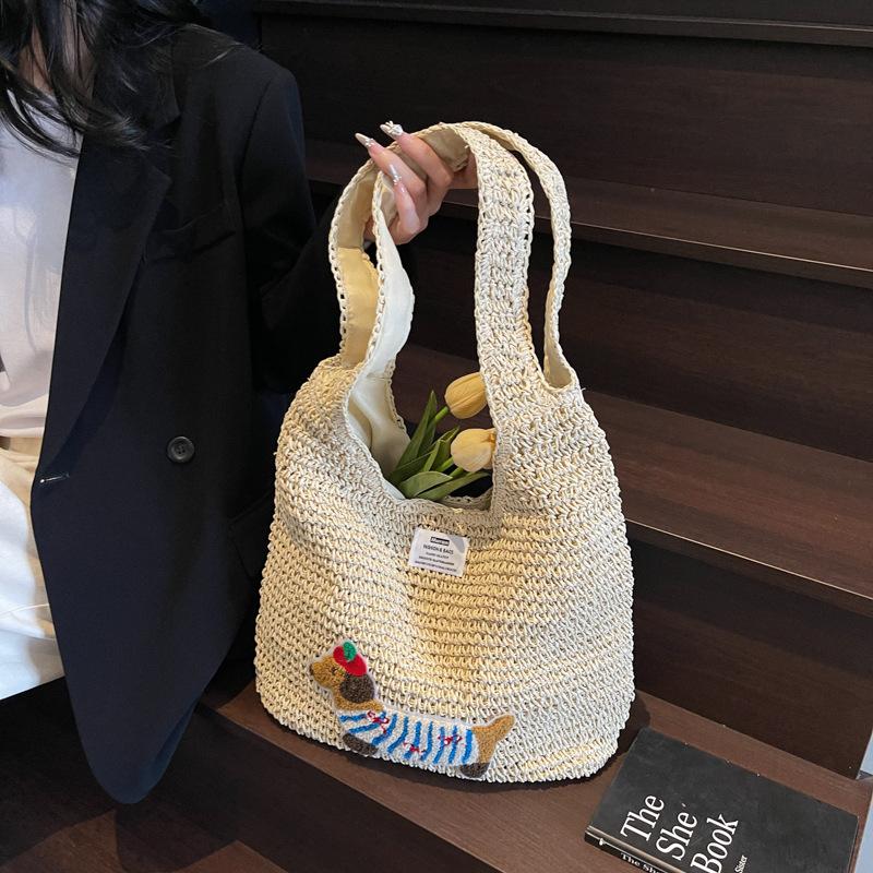 New fashion woven dachshund dog shoulder women's bag large capacity cotton rope tote bag vacation beach tote bag bag