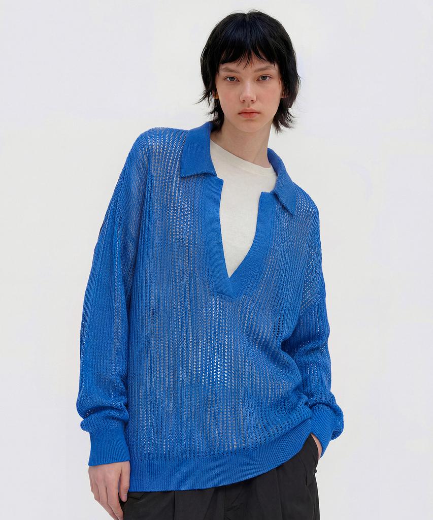 CUTZ Mesh Boucle Open Collar Pullover (Blue)