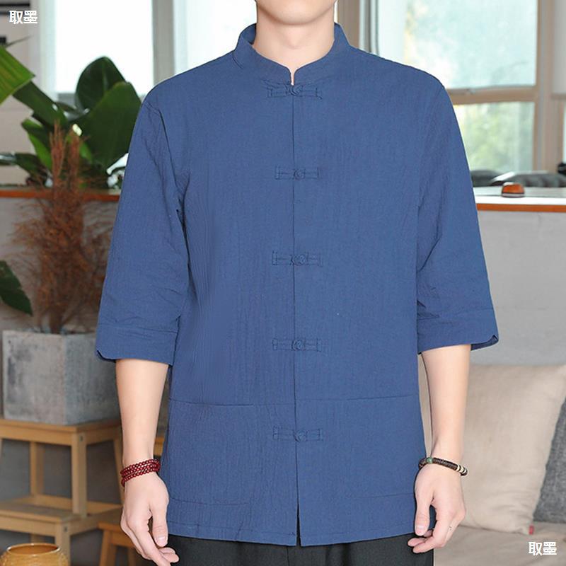 Cotton Linen Men's Shirt Five-Quarter Sleeve Breathable Sweat Loose Fit Collarless Short Sleeve