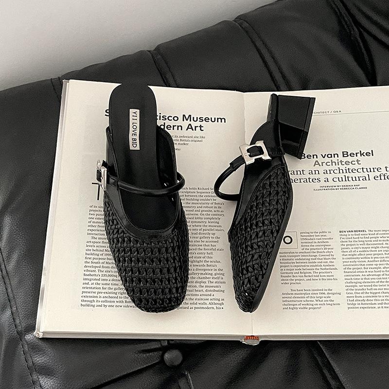 Simple retro mesh one-word pointed head thick heel high heel slippers summer temperament woven versatile soft sole sandals women's shoes