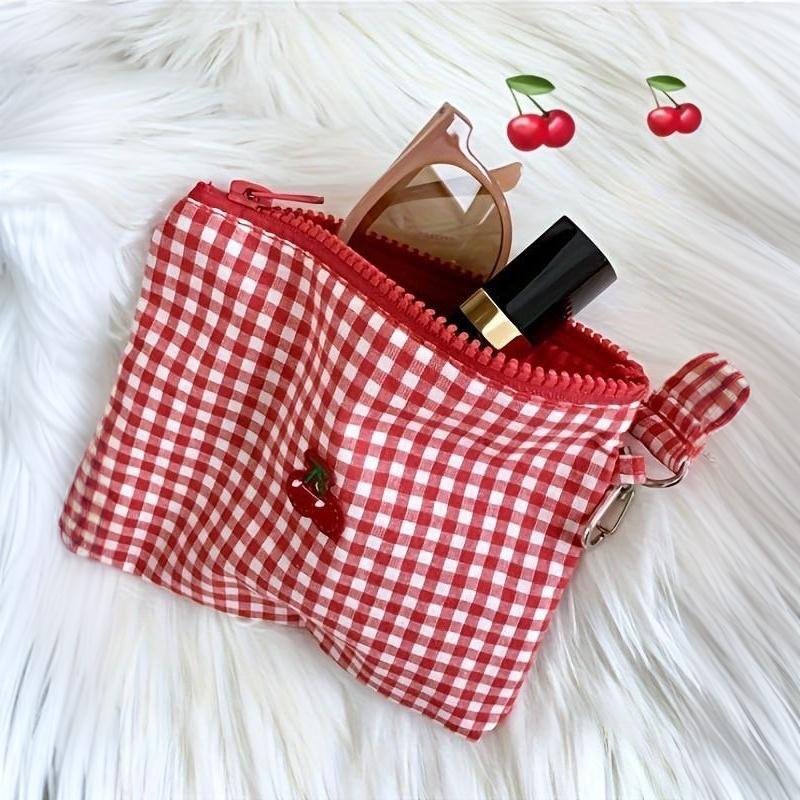 Red Plaid Pattern Canvas Makeup Bag Red Cherry Decor Portable Cosmetic Pouch Practical Lipstick Storage for Women Gift