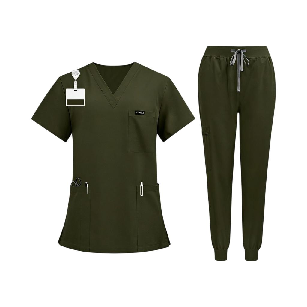 Conjunto de Uniforme Quirúrgico para Mujer con Top de Manga Corta y Cuello en V con Bolsillos, Pantalones Largos de Secado Rápido de Color, Uniforme para el Trabajo