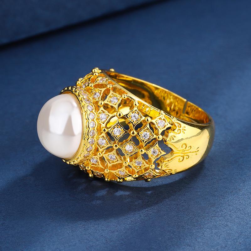 Schmuck Kupferboden Vergoldet Perle Hellgold Weiße Perle Retro Hohl Diamantring 10Mm