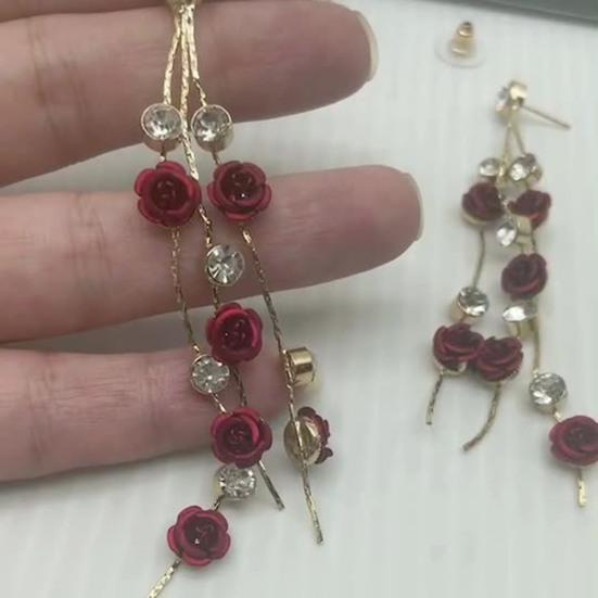 1 Paar Glänzende Strass Elegante Damen Ohrringe Rosenblume Lange Quaste Hängeohrringe Party Schmuck