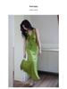 Er Yang Design French Floral Green Halter Neck Maxi Dress, V-neck Sleeveless Long Dress for Women