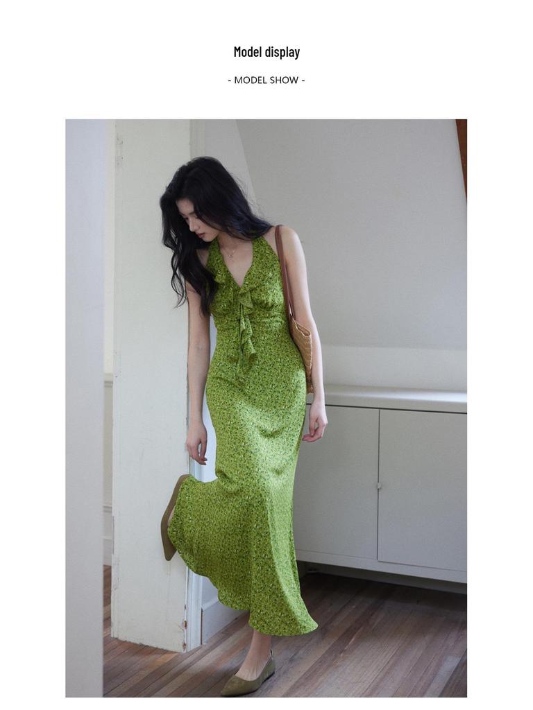 Er Yang Design French Floral Green Halter Neck Maxi Dress, V-neck Sleeveless Long Dress for Women