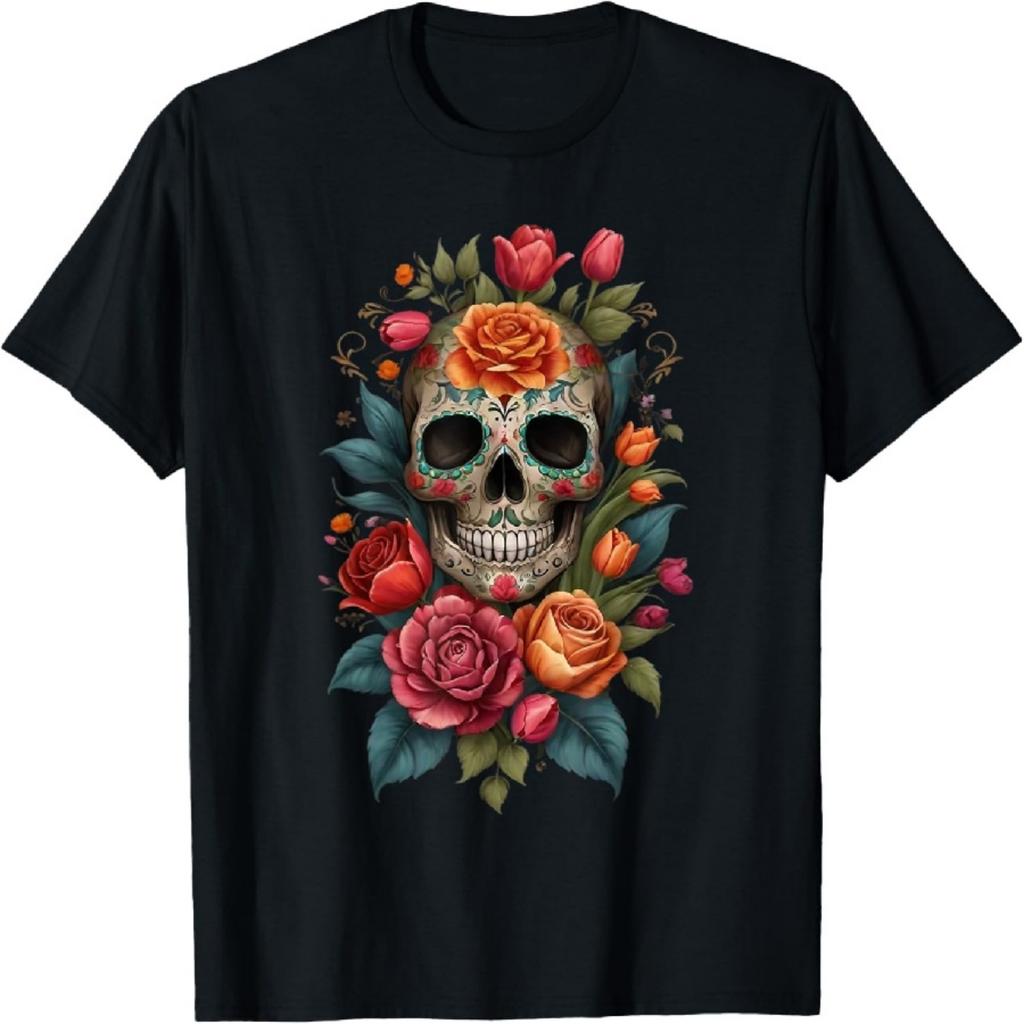 Floral Sugar Skull Flower Tulip Rose Halloween Cottagecore T-Shirt