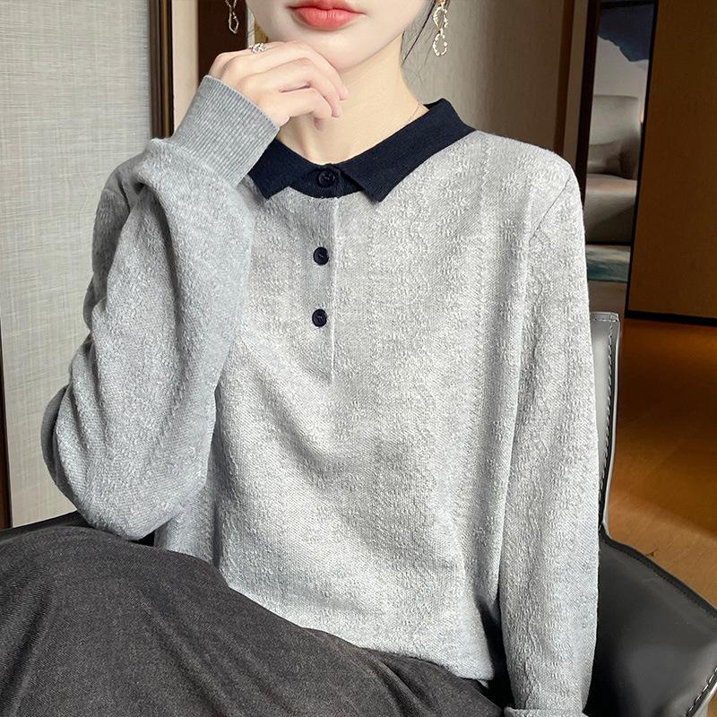 New Spring Autumn New Style Jacquard Knit Undershirt Inner Top Contrast Color Lapel Fashionable Women's Pullover Sweater