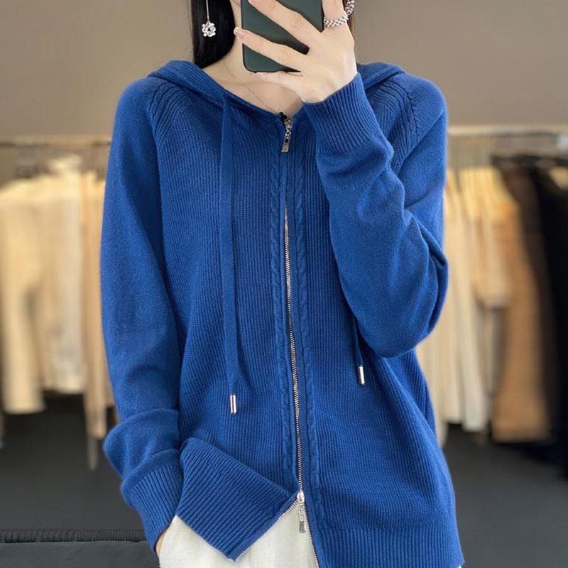 Autumn and Winter Hooded Casual Knitted Cardigan Simple Fashion Style Loose Knitted Sweater