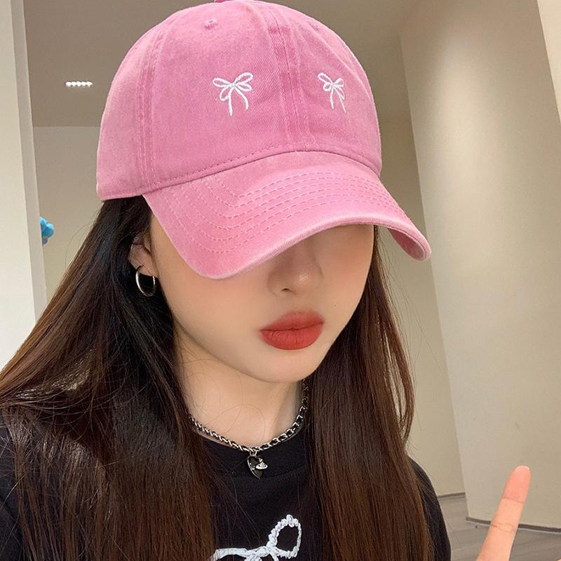 Korean Bow Embroidered Baseball Cap For Women Girl Washed Cotton Summer Outdoor Sunscreen Hat Solid Color Adjustable Hats