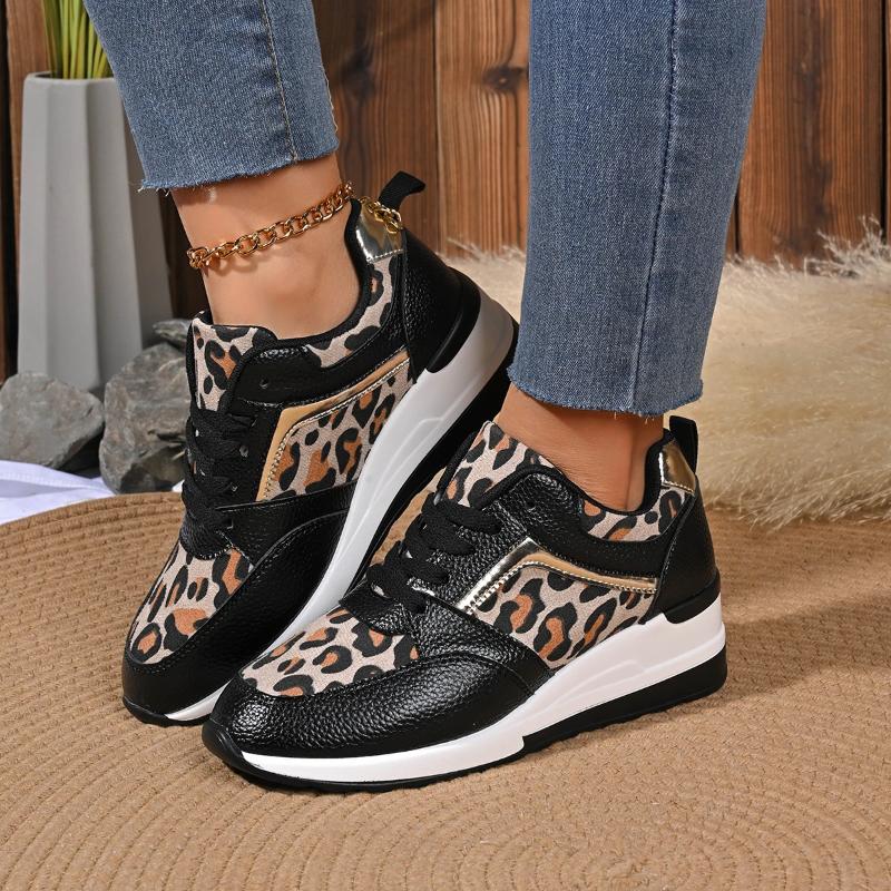 Mode 2025 Dames Outdoor Platform Ronde Neus Laag Uitgesneden Luipaard Sleehak Sneakers Dames Trend Veterschoenen Zapatos De Mujer