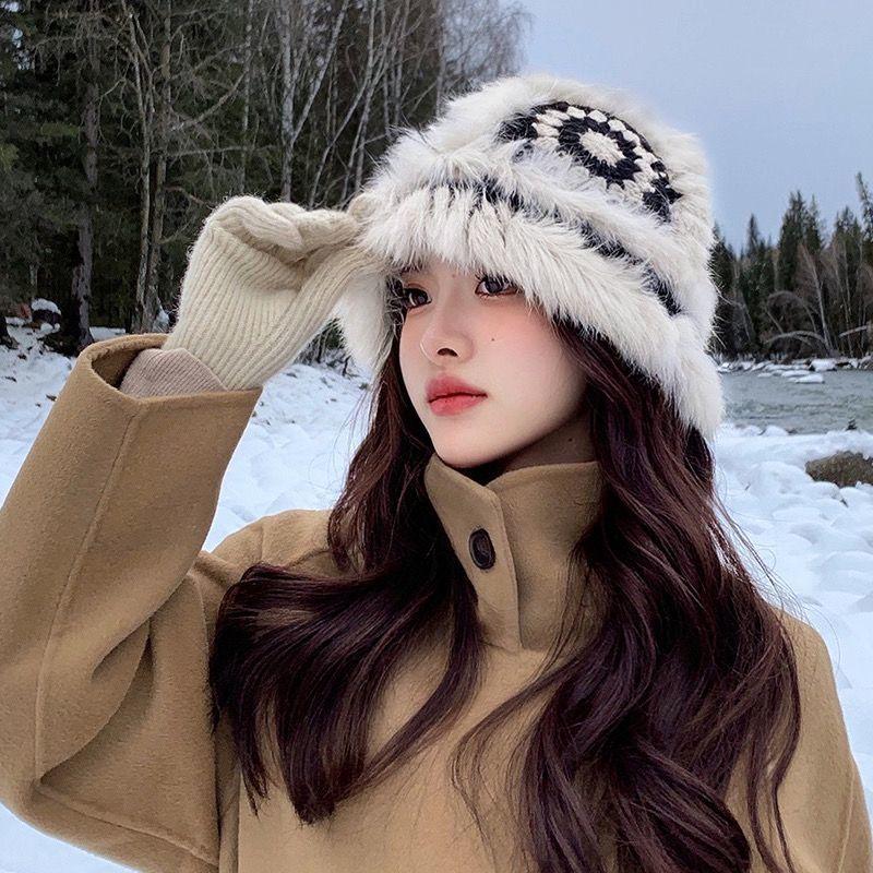 Rabbit Hat Women's Autumn and Winter New Tiger Head Lion Hat Fashion Warm Bucket Hat Fluff Woven Fur Hat