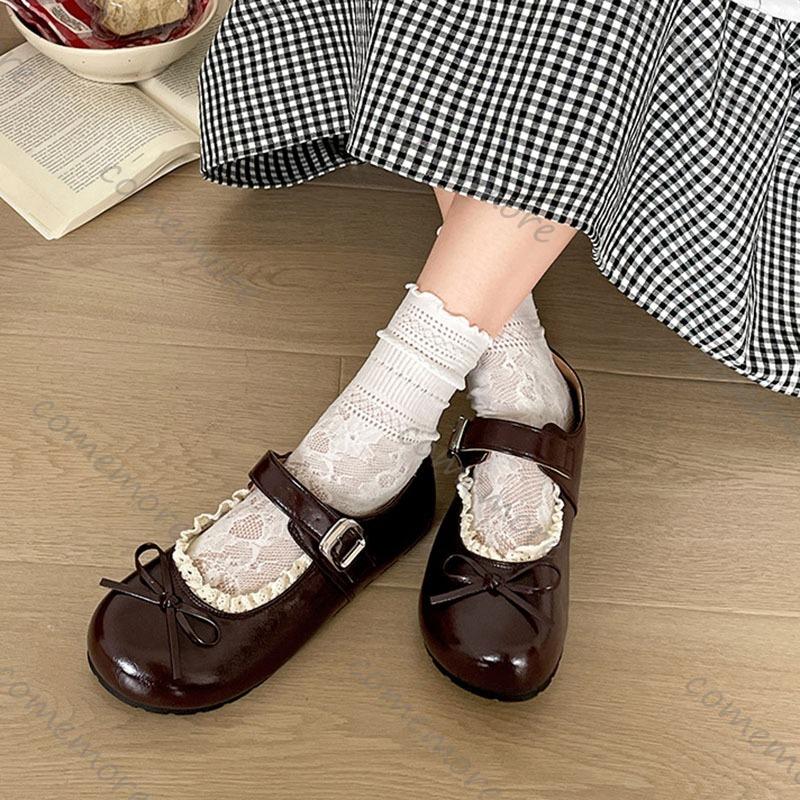 Świętuj czółenka Mary Jane z okrągłym noskiem w stylu japońskim Lolita Gothic z kokardą obuwie damskie jednokolorowe casualowe mokasyny damskie buty na płaskiej podeszwie