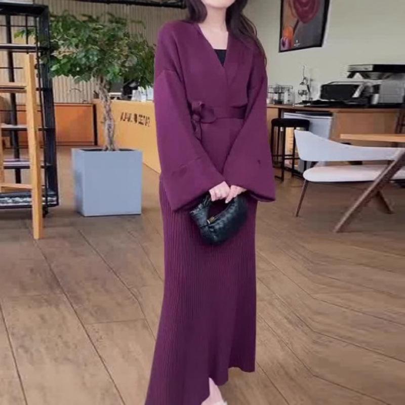 2025 Autumn European & American V-Neck Tie-Waist Short-Sleeve High-Waisted Skirt Set