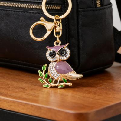 Owl-Shaped Keychain with Enamel Accents Sparkling Rhinestone Car Key Ring for Women Wisdom Symbol Pendant for Bags Keys
